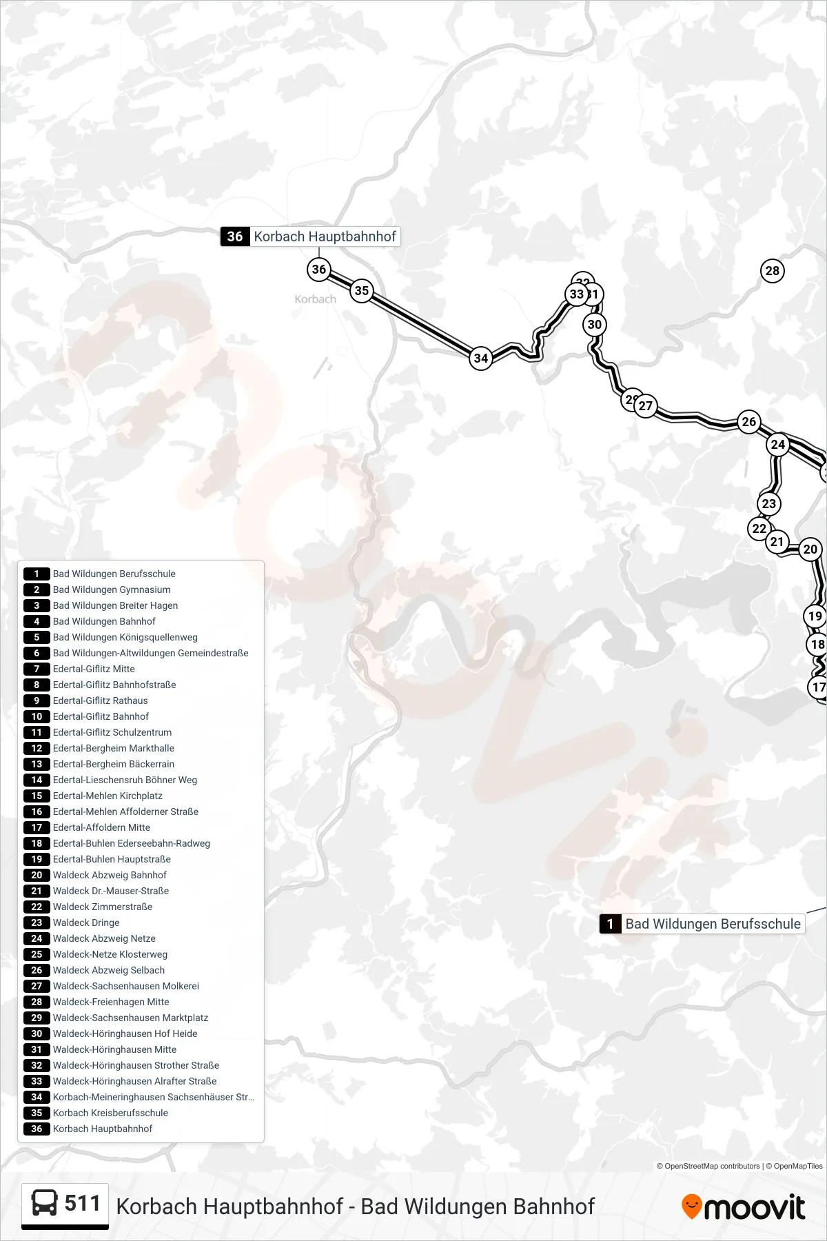 511 bus Line (Korbach Hauptbahnhof) route and stops on a map