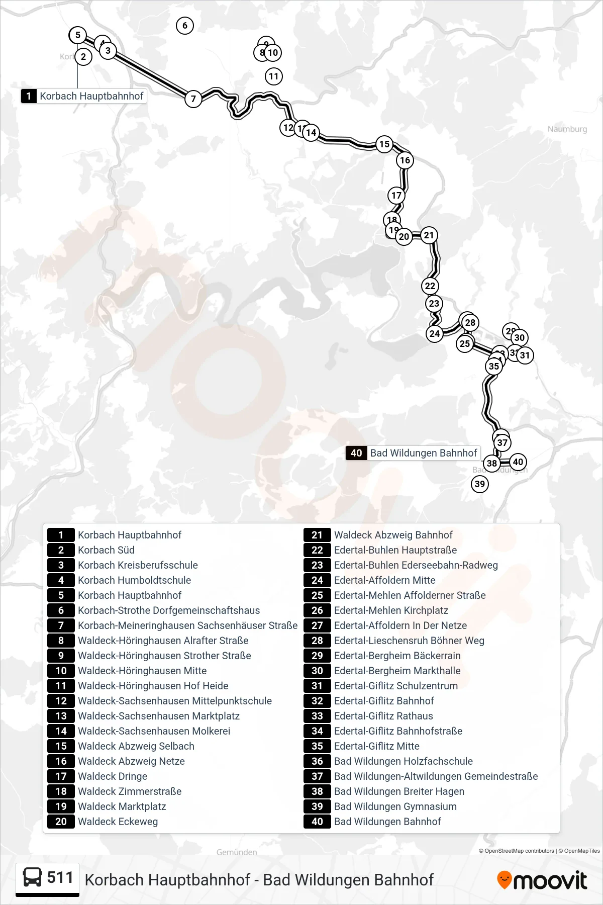 511 bus Line (Bad Wildungen) route and stops on a map