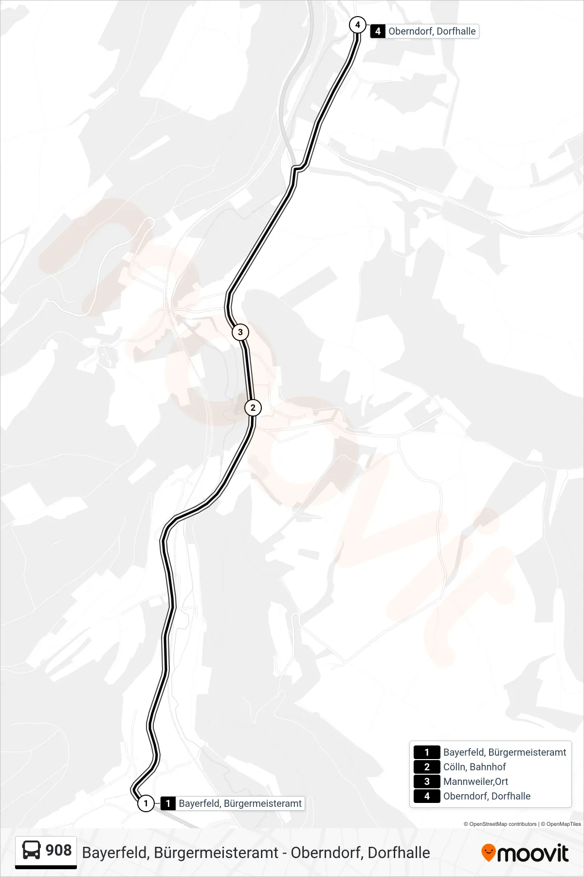908 bus Line (Oberndorf, Dorfhalle) route and stops on a map