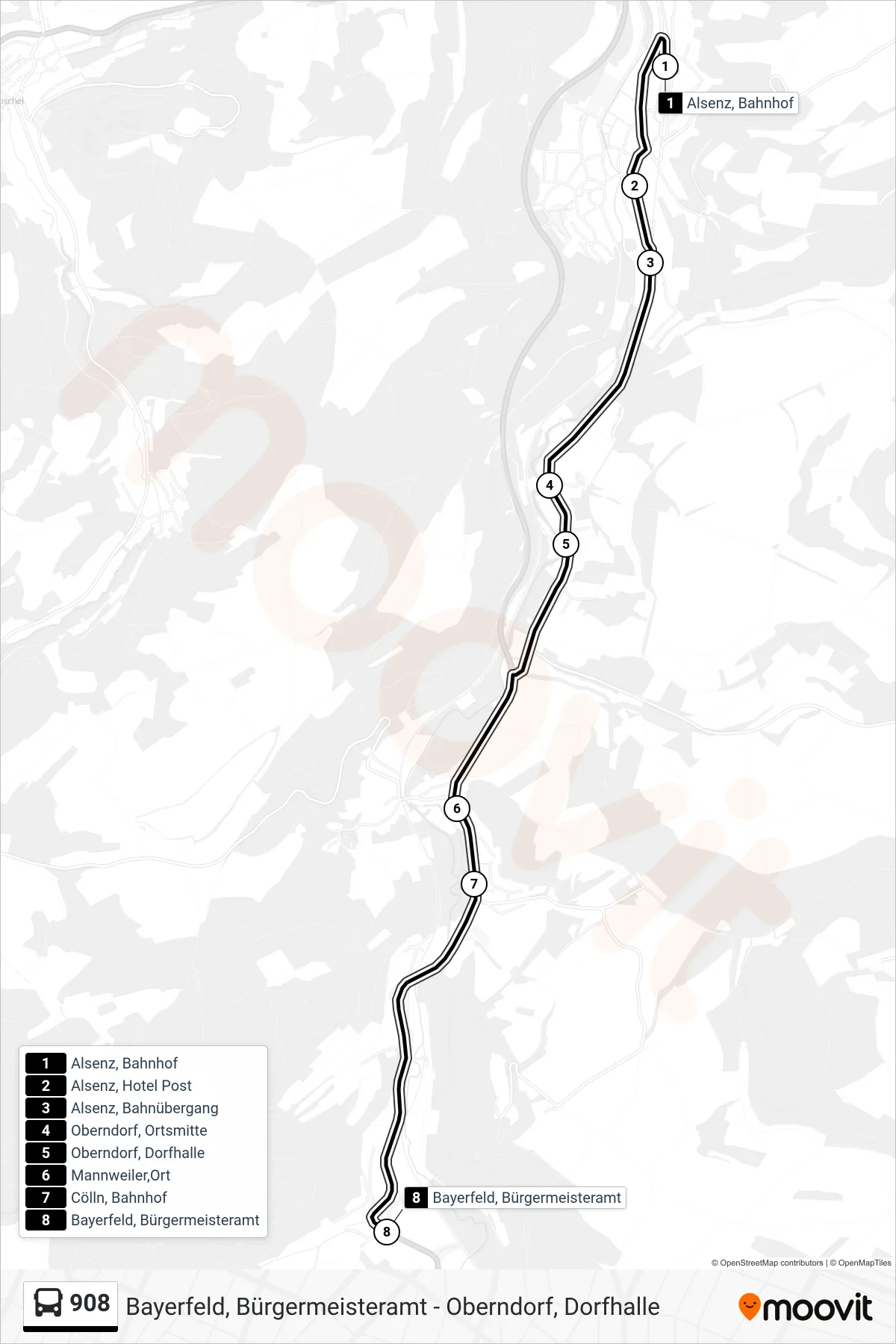 908 bus Line (Bayerfeld, Bürgermeisteramt) route and stops on a map