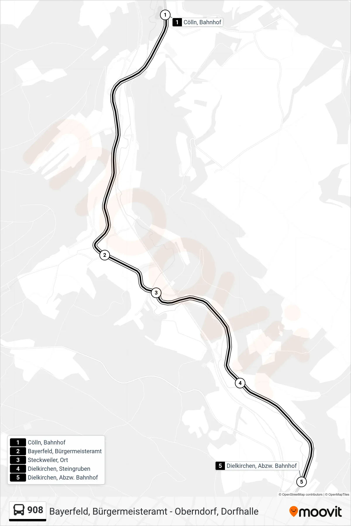 Linie 908 (Bus) Richtung Dielkirchen, Abzw. Bahnhof: Route und Haltestellen auf der Karte