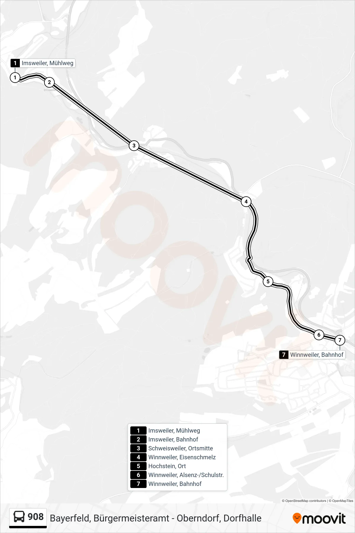 908 bus Line (Winnweiler, Bahnhof) route and stops on a map