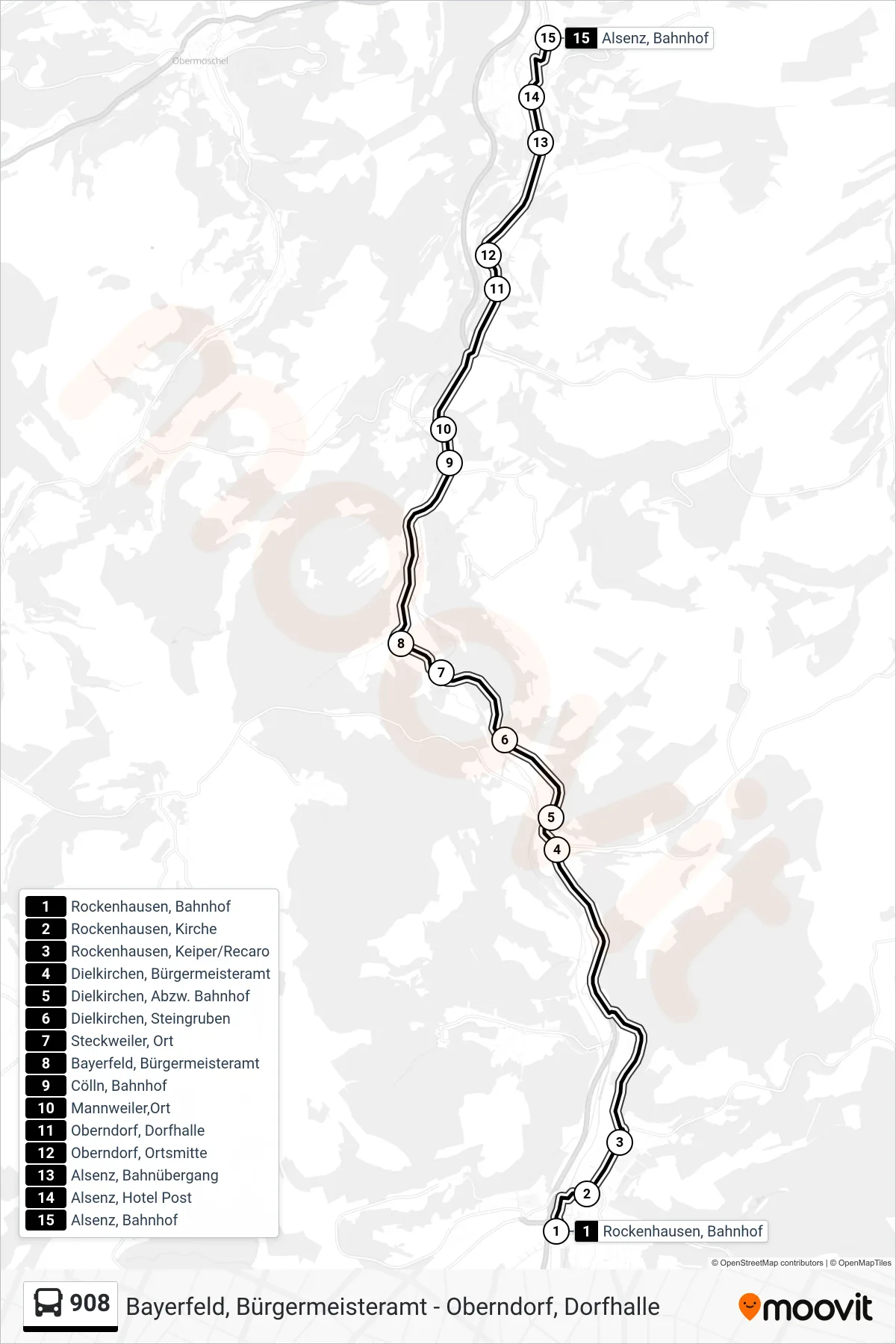 908 bus Line (Alsenz, Bahnhof) route and stops on a map