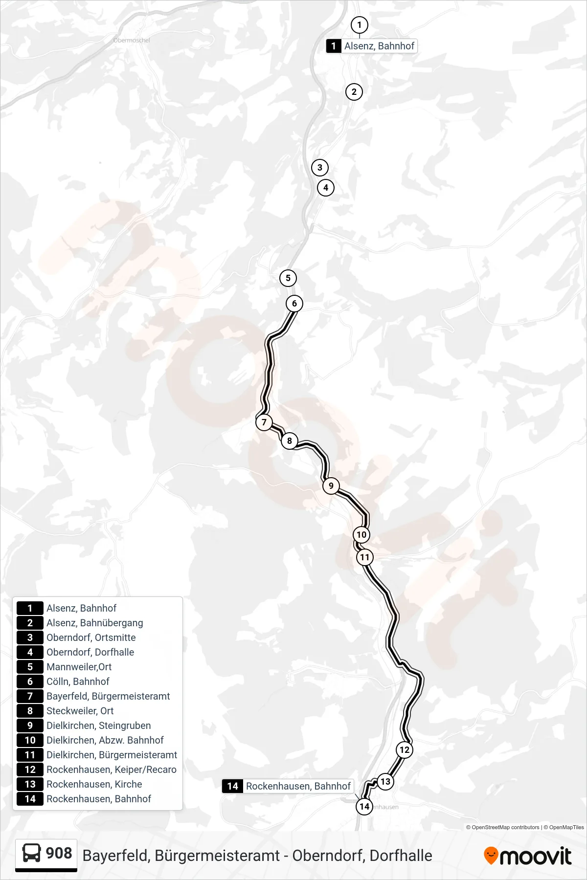908 bus Line (Rockenhausen, Bahnhof) route and stops on a map