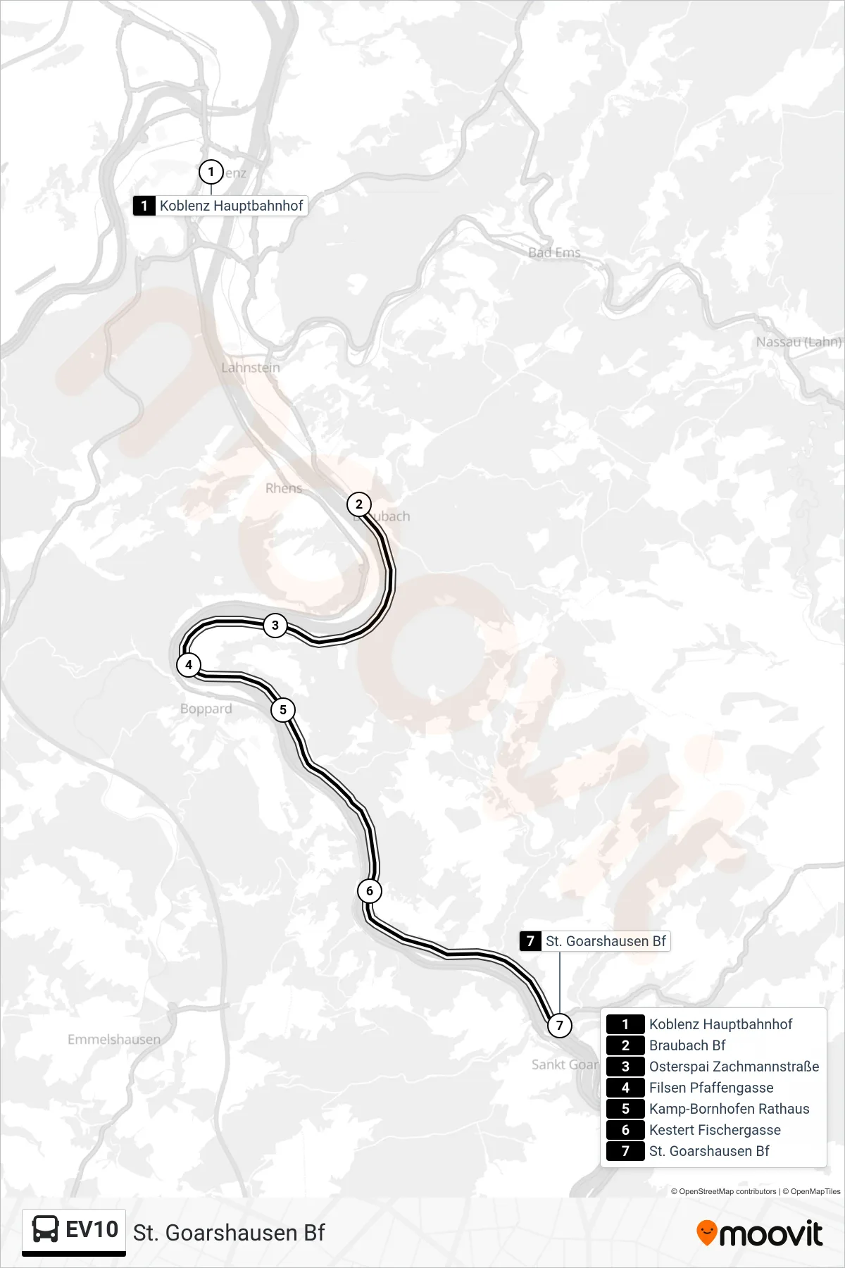 EV10 bus Line (St. Goarshausen Bf) route and stops on a map