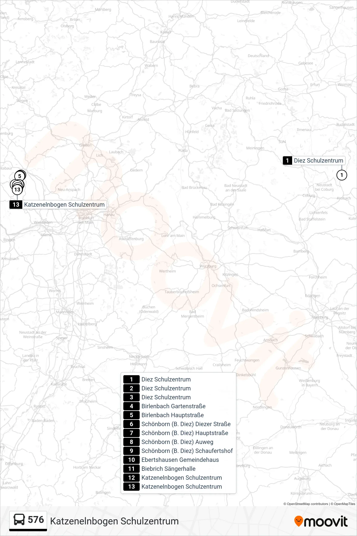 576 bus Line (Katzenelnbogen Schulzentrum) route and stops on a map
