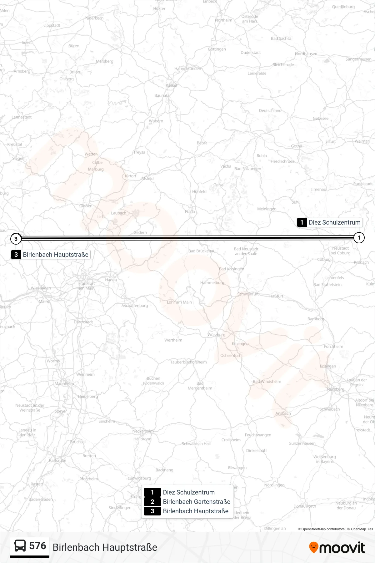 576 bus Line (Birlenbach Hauptstraße) route and stops on a map