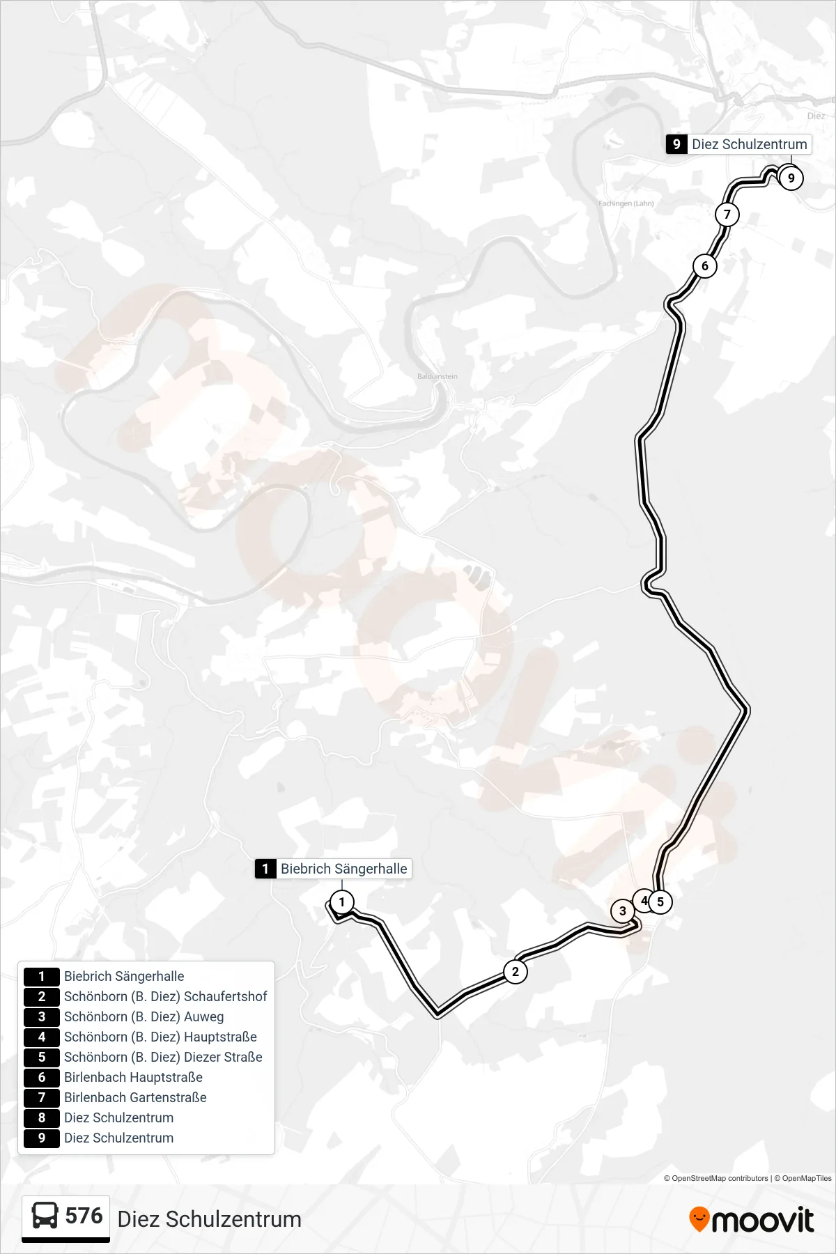 576 bus Line (Diez Schulzentrum) route and stops on a map