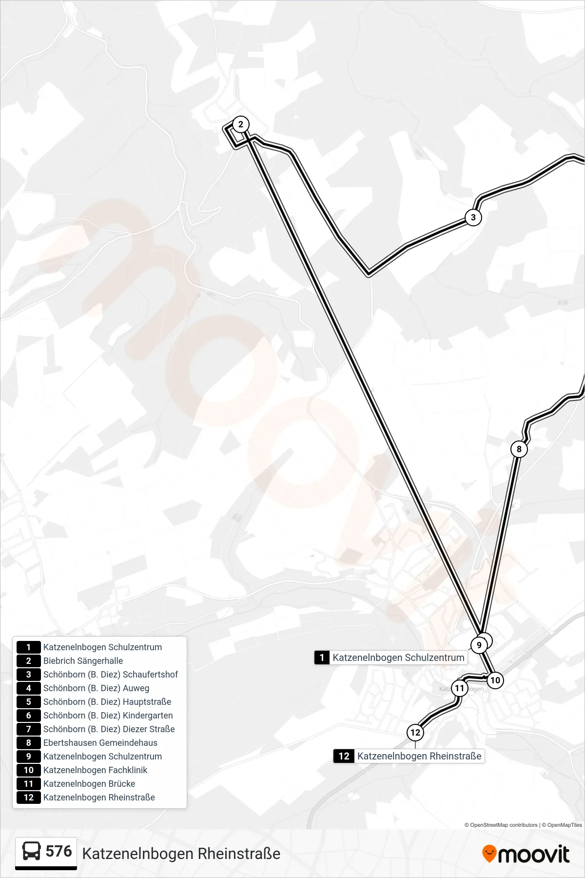 576 bus Line (Katzenelnbogen Rheinstraße) route and stops on a map