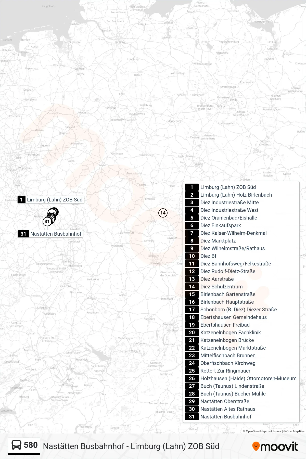 580 bus Line (Nastätten Busbahnhof) route and stops on a map