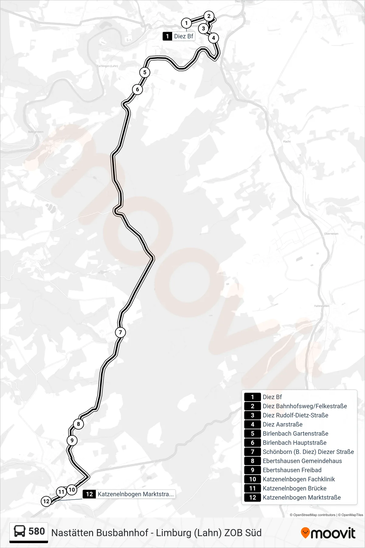 580 bus Line (Katzenelnbogen Marktstraße) route and stops on a map