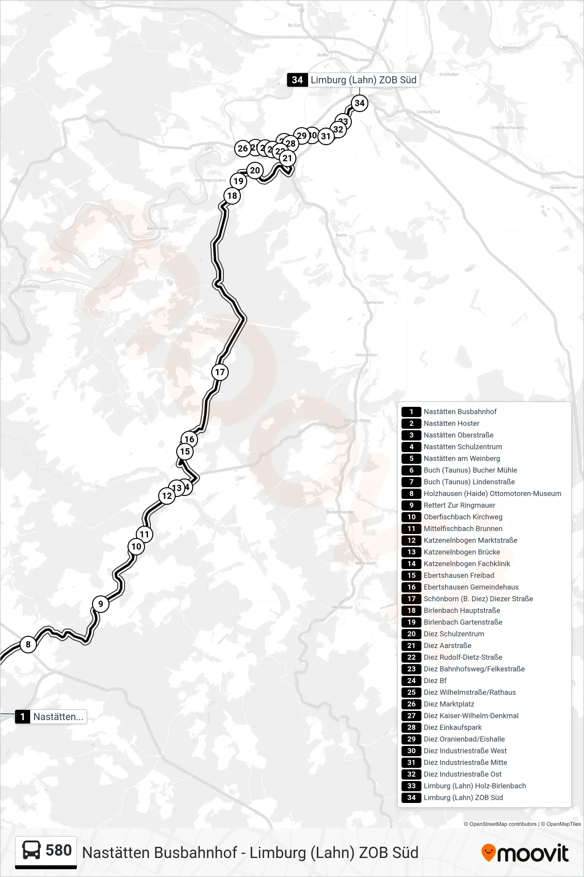 580 bus Line (Limburg (Lahn) ZOB Süd) route and stops on a map