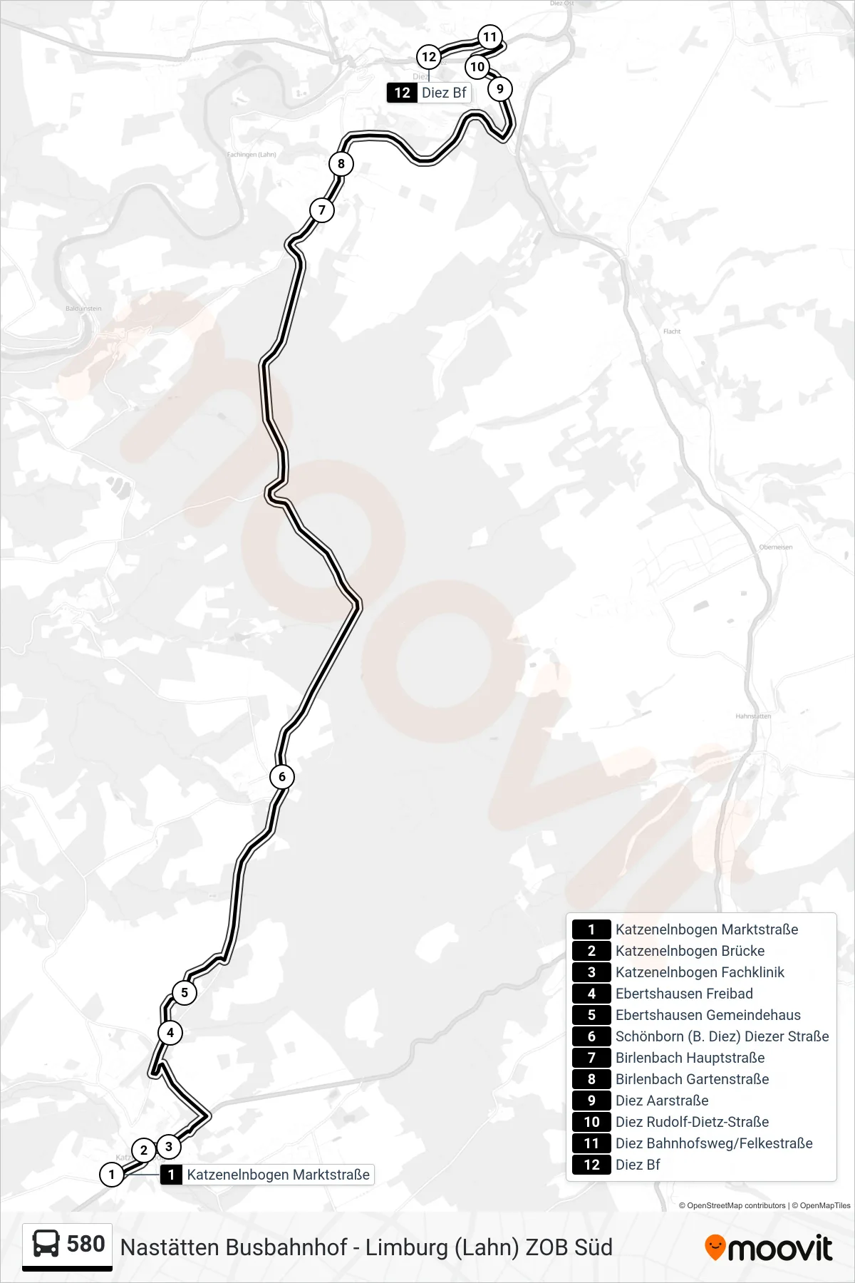 580 bus Line (Diez Bf) route and stops on a map