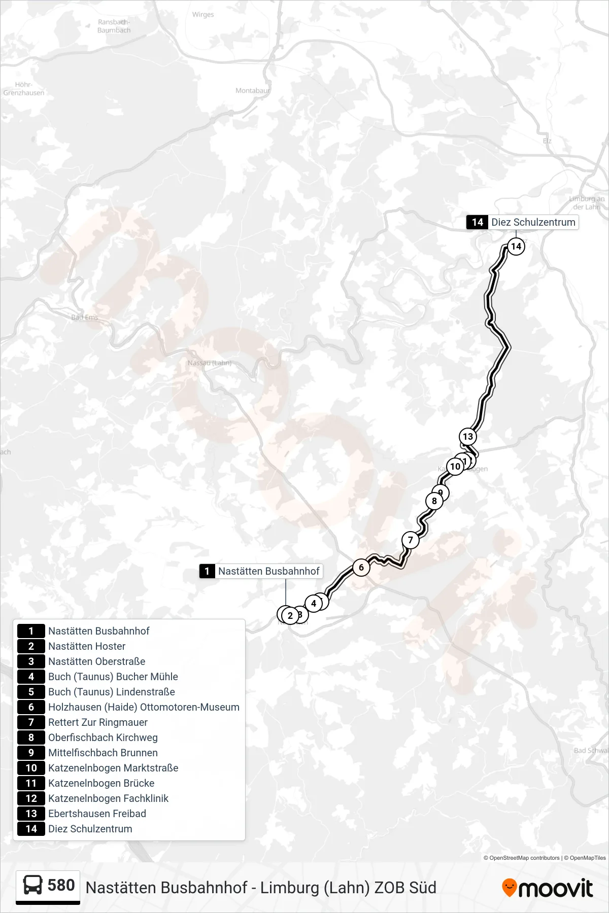 Linie 580 (Bus) Richtung Diez Schulzentrum: Route und Haltestellen auf der Karte