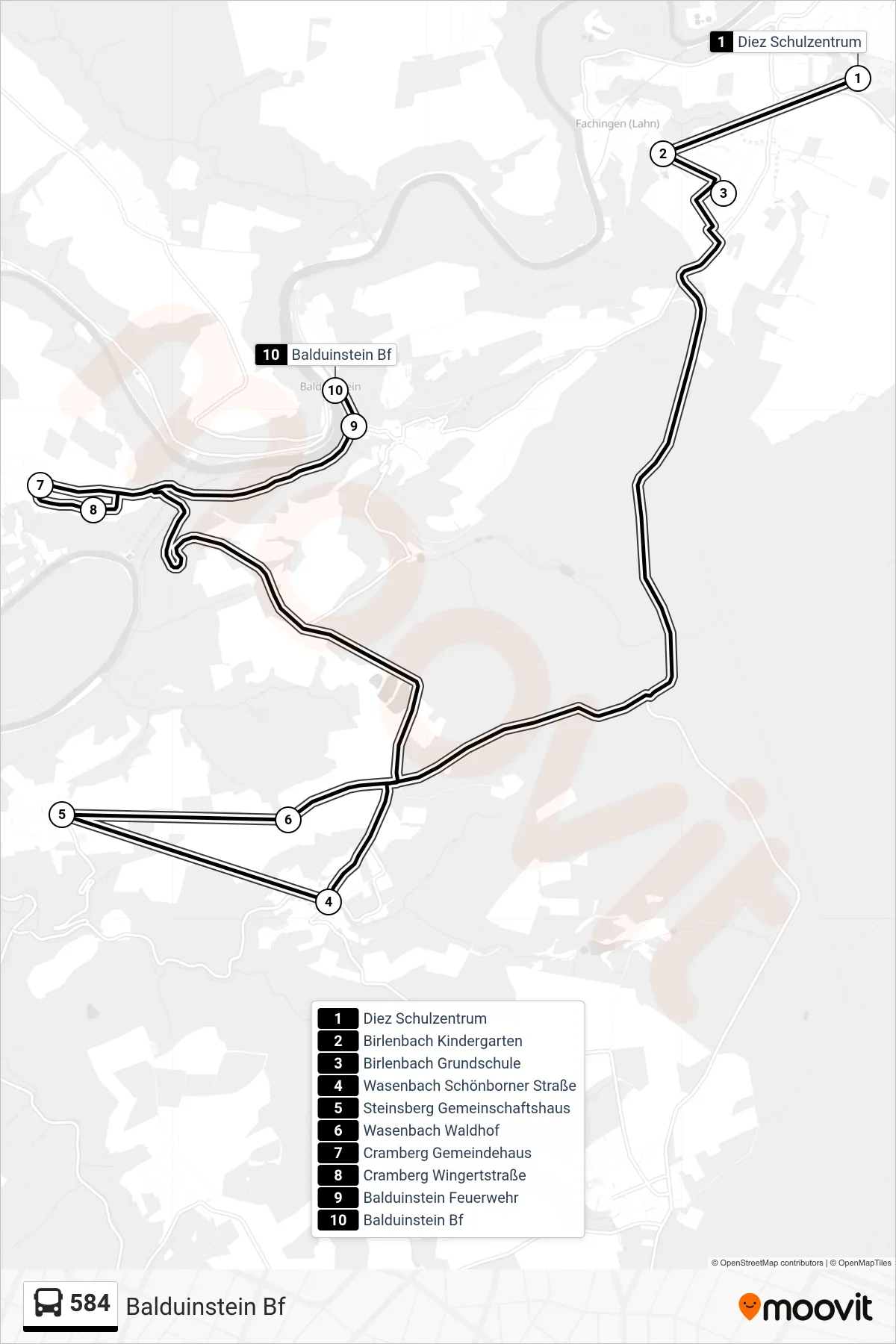584 bus Line (Balduinstein Bf) route and stops on a map