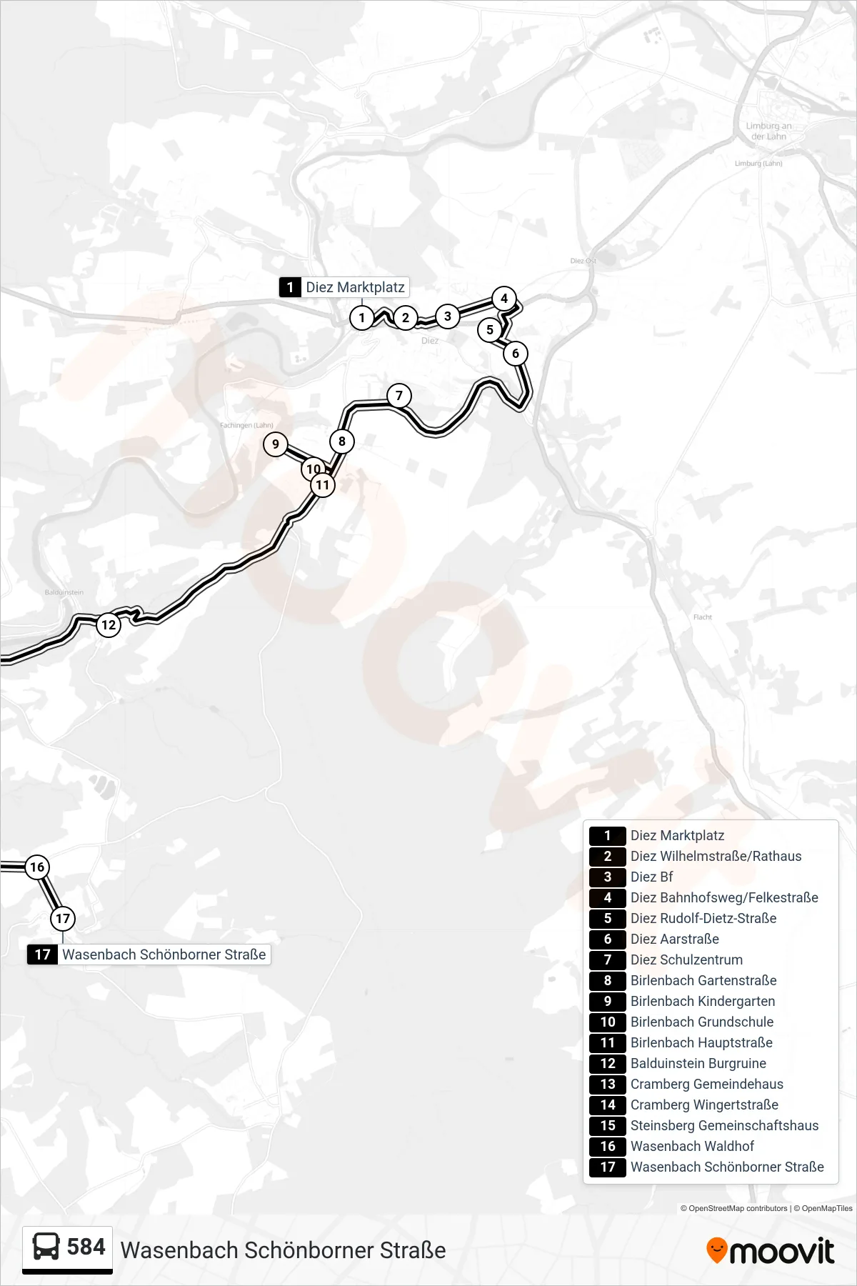 584 bus Line (Wasenbach Schönborner Straße) route and stops on a map