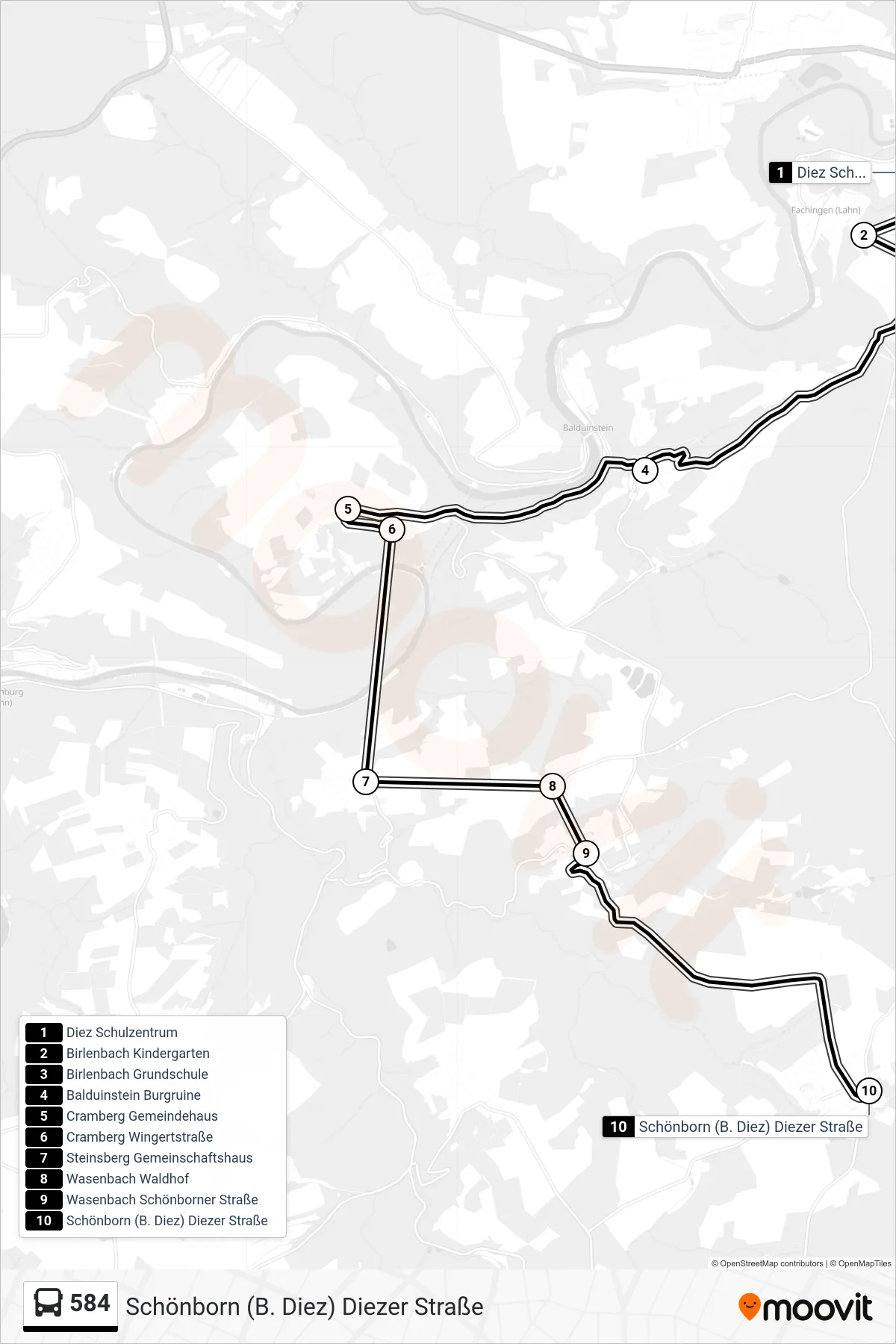 584 bus Line (Schönborn (B. Diez) Diezer Straße) route and stops on a map