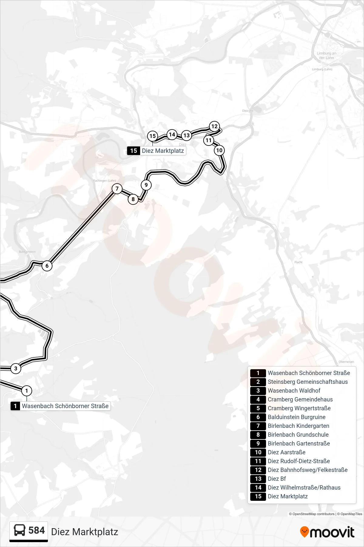 584 bus Line (Diez Marktplatz) route and stops on a map
