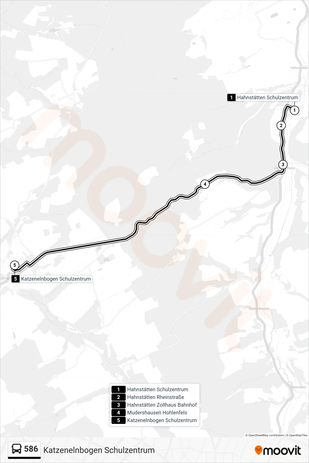 586 bus Line (Katzenelnbogen Schulzentrum) route and stops on a map
