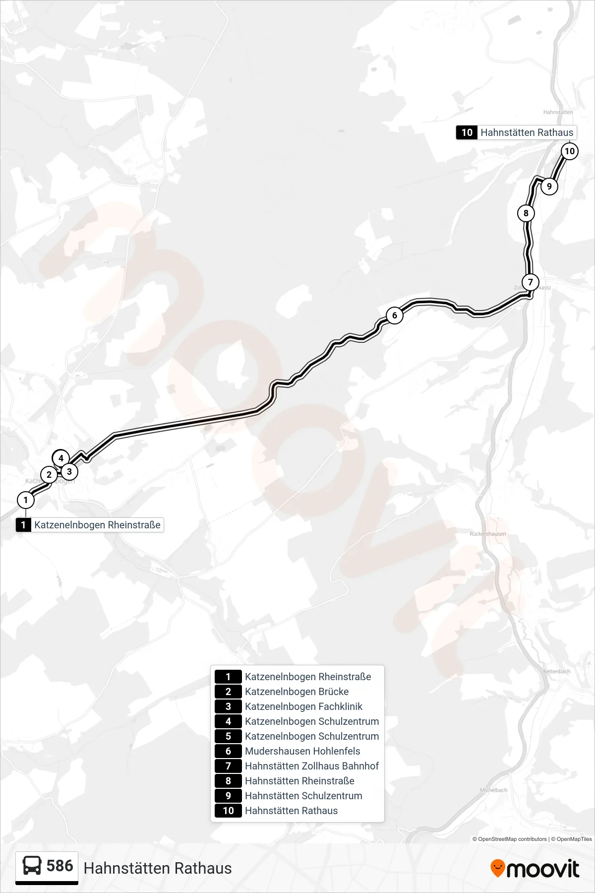 586 bus Line (Hahnstätten Rathaus) route and stops on a map