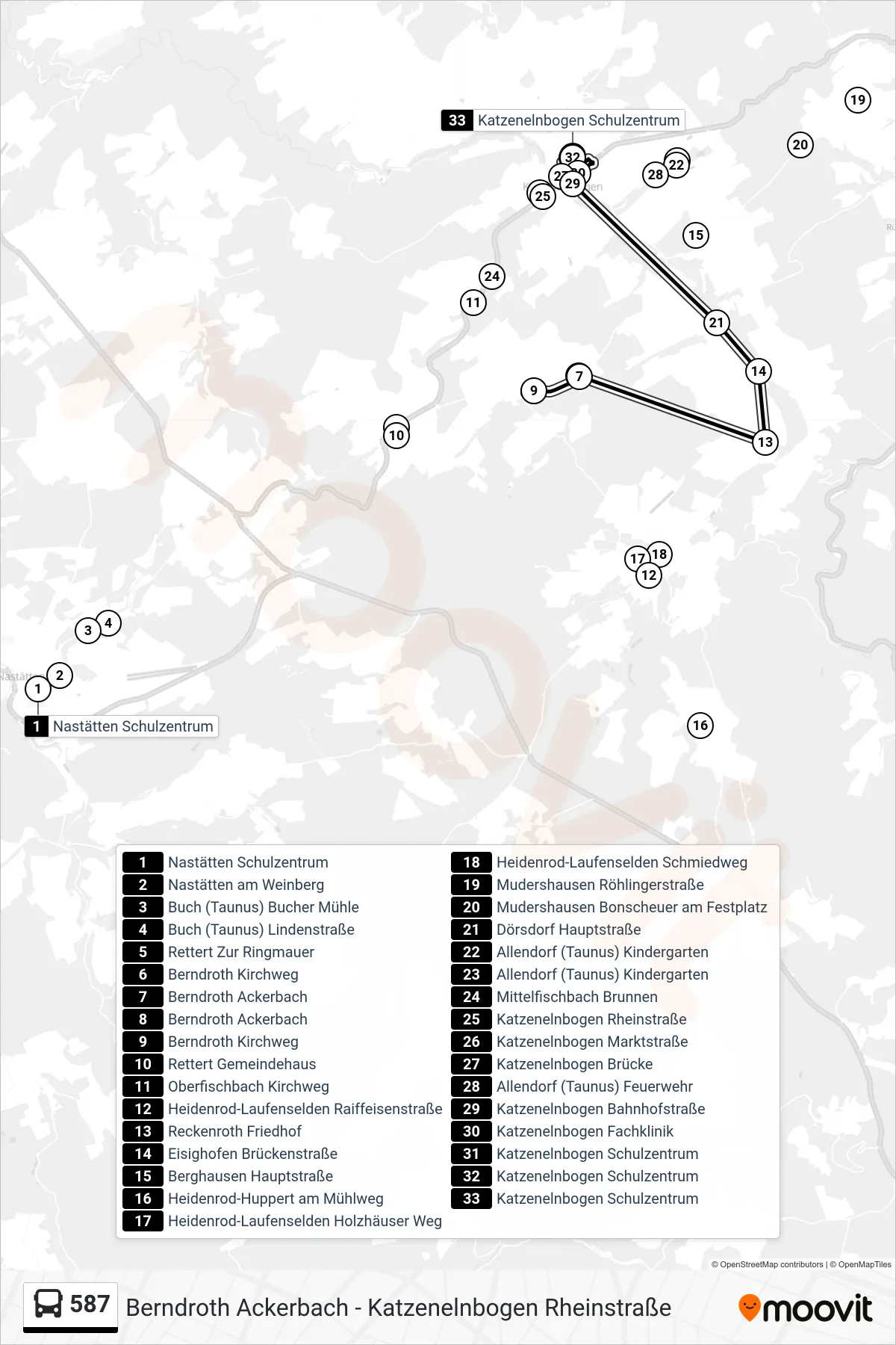 587 bus Line (Katzenelnbogen Schulzentrum) route and stops on a map