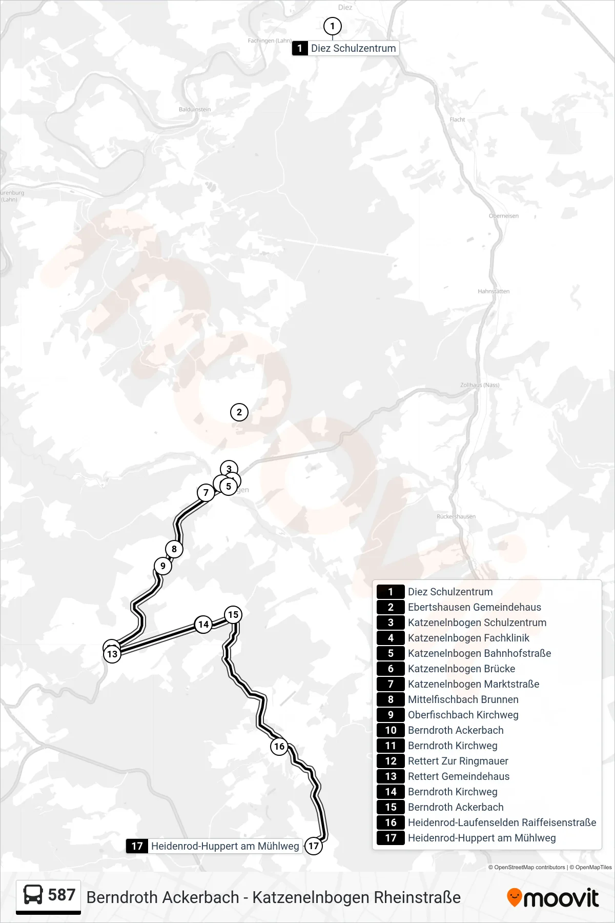 587 bus Line (Heidenrod-Huppert am Mühlweg) route and stops on a map