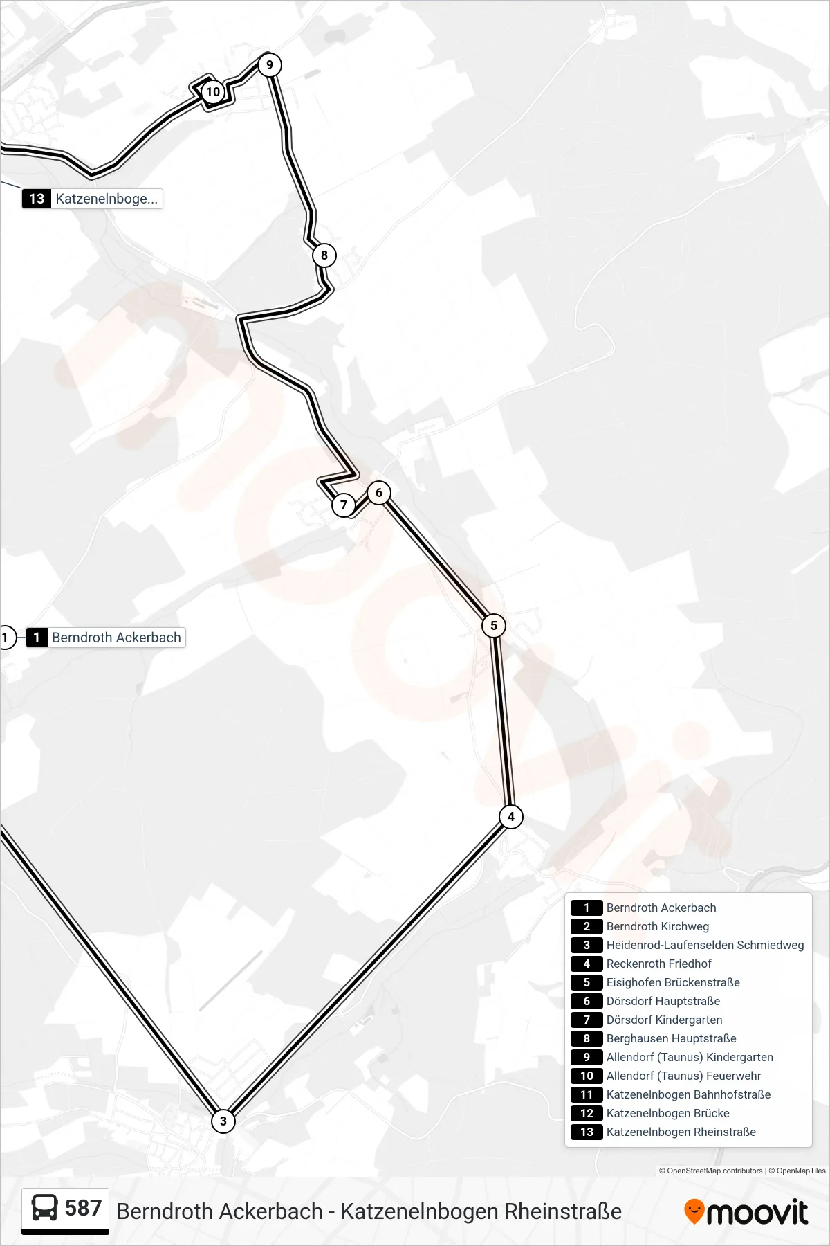 587 bus Line (Katzenelnbogen Rheinstraße) route and stops on a map