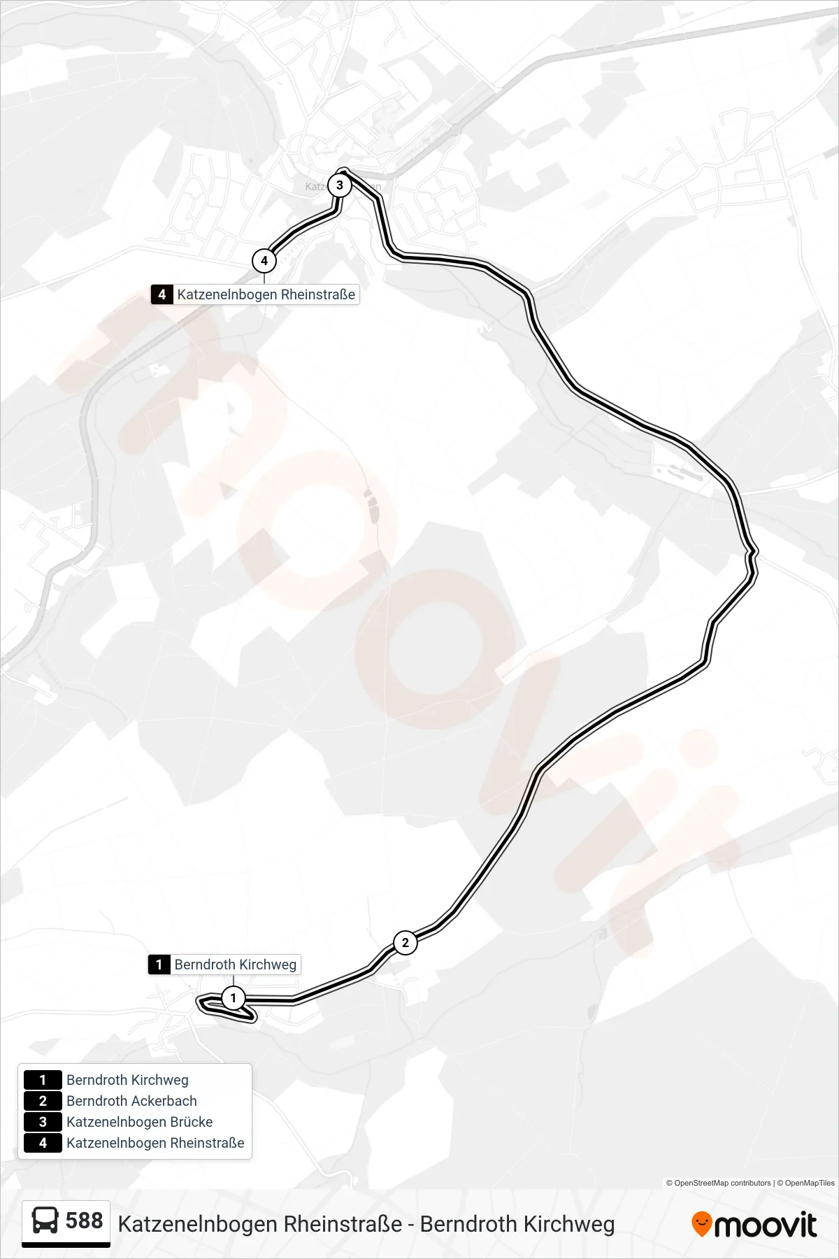 588 bus Line (Katzenelnbogen Rheinstraße) route and stops on a map