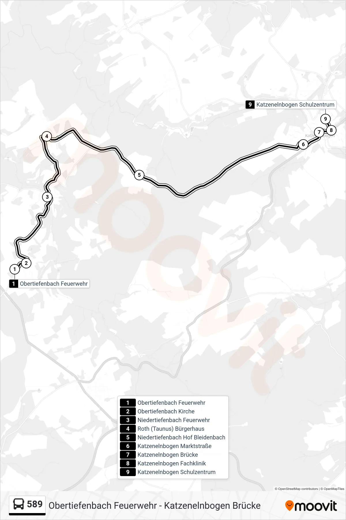 589 bus Line (Katzenelnbogen Schulzentrum) route and stops on a map