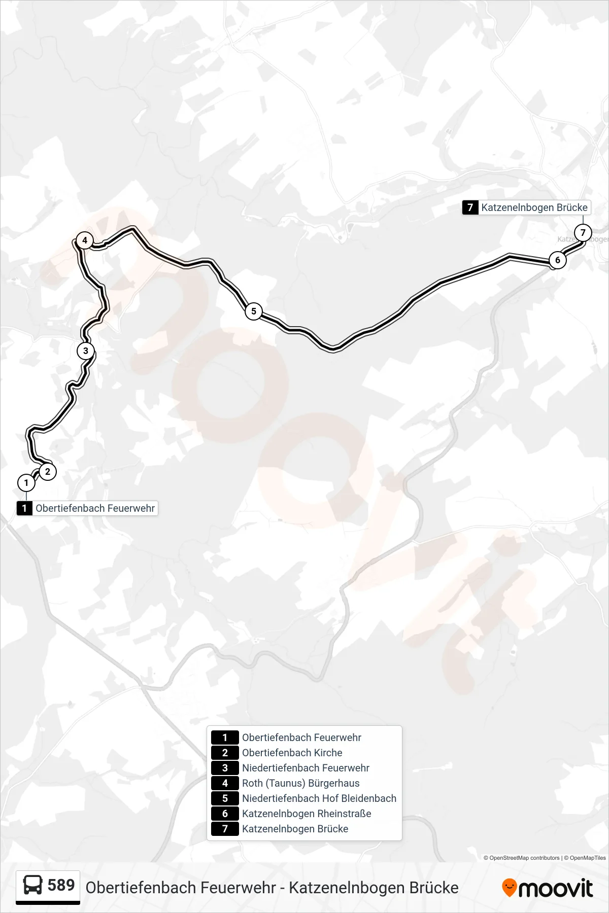 589 bus Line (Katzenelnbogen Brücke) route and stops on a map