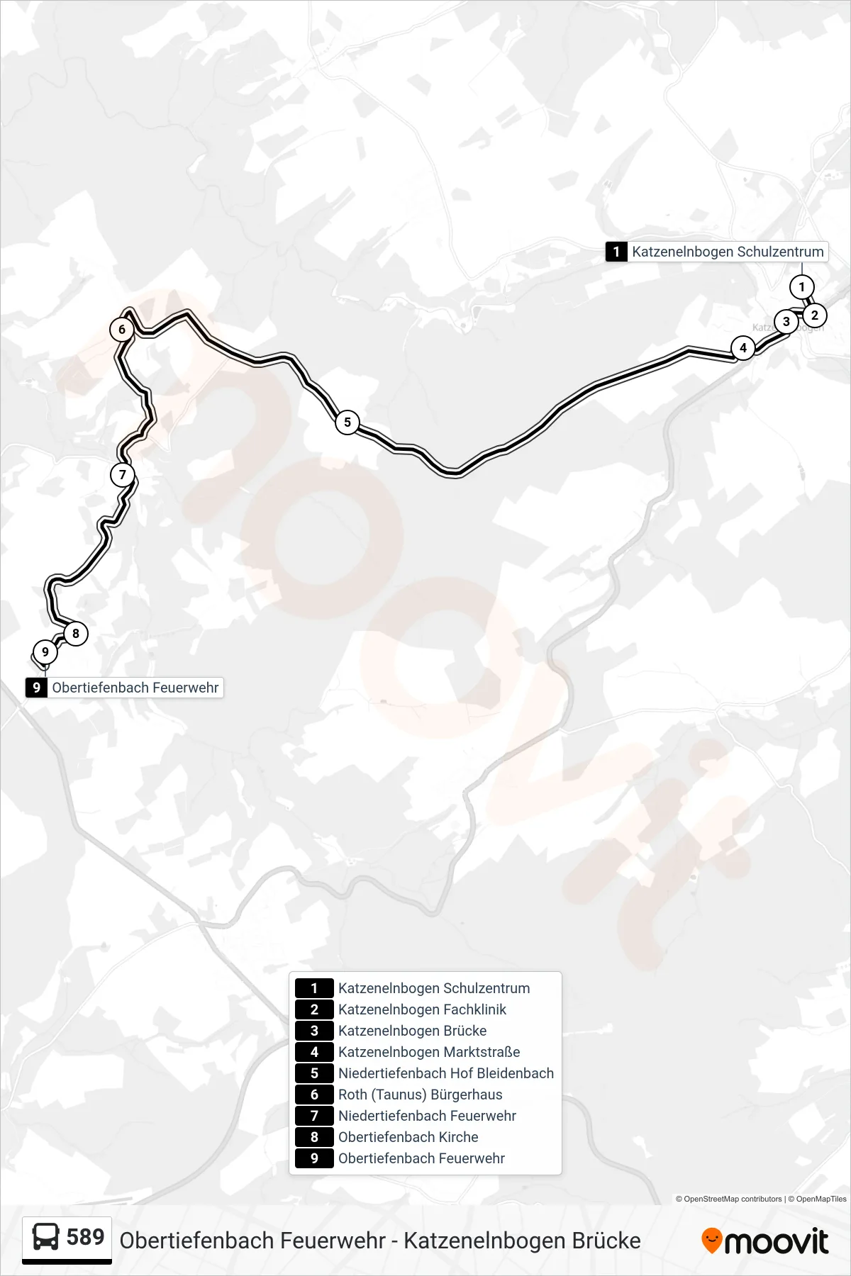 589 bus Line (Obertiefenbach Feuerwehr) route and stops on a map