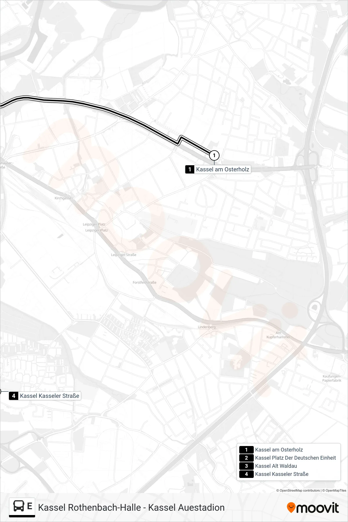 Linie E (Bus) Richtung Kassel Kasseler Straße: Route und Haltestellen auf der Karte