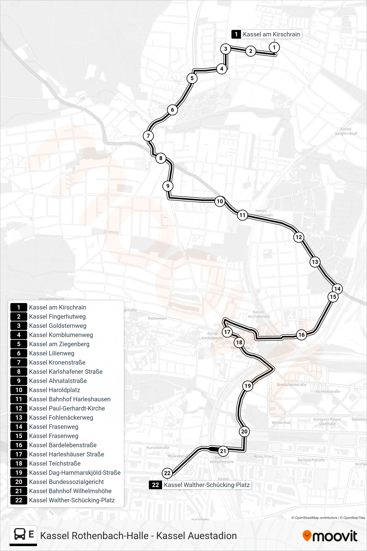 Linie E (Bus) Richtung Kassel Walther-Schücking-Platz: Route und Haltestellen auf der Karte