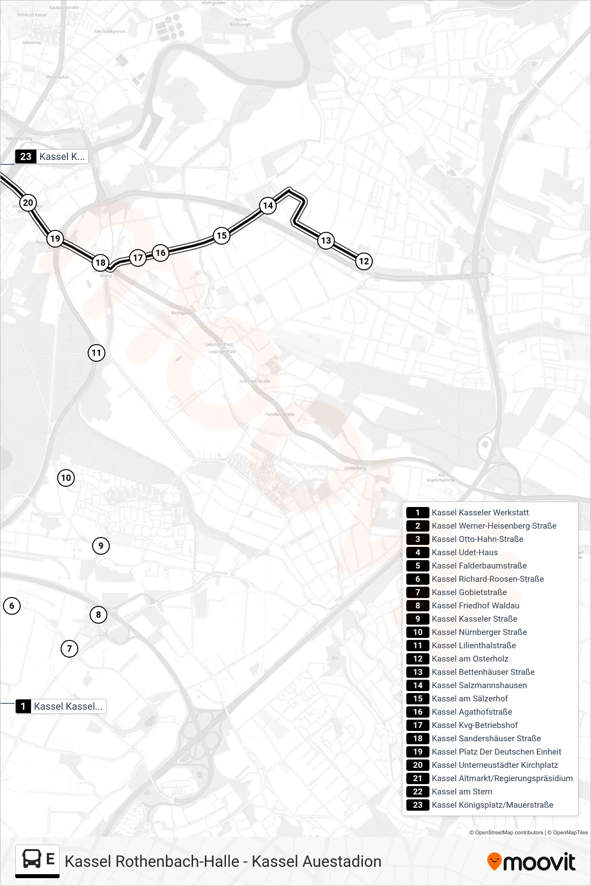 E bus Line (Kassel Königsplatz/Mauerstraße) route and stops on a map
