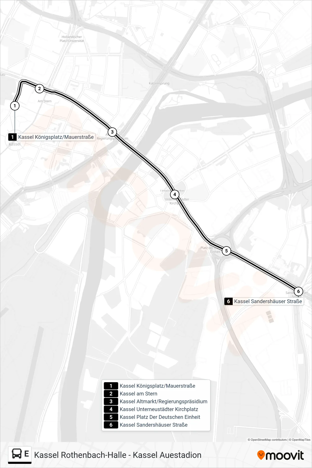 Linie E (Bus) Richtung Kassel Sandershäuser Straße: Route und Haltestellen auf der Karte