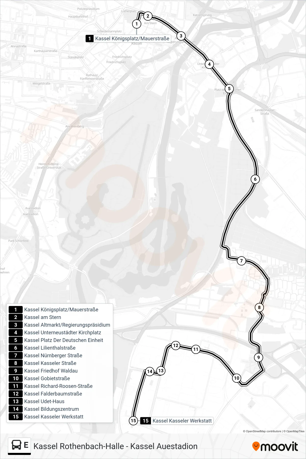 E bus Line (Kassel Kasseler Werkstatt) route and stops on a map