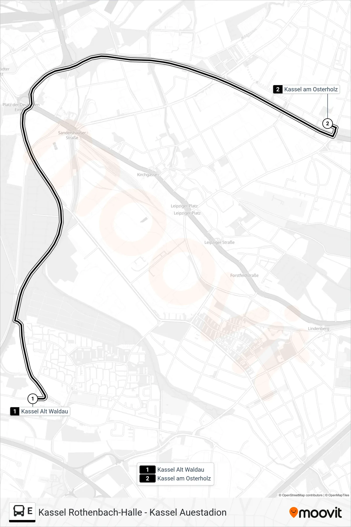 Linie E (Bus) Richtung Kassel am Osterholz: Route und Haltestellen auf der Karte