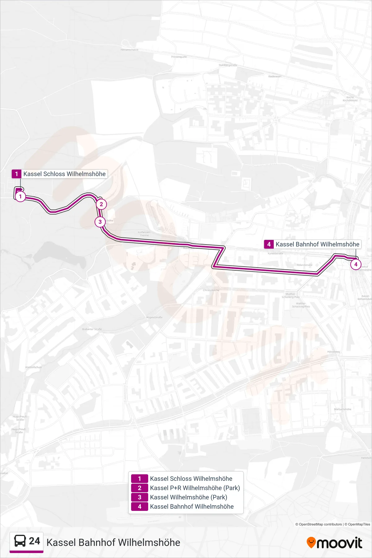 Linie 24 (Bus) Richtung Kassel Bahnhof Wilhelmshöhe: Route und Haltestellen auf der Karte