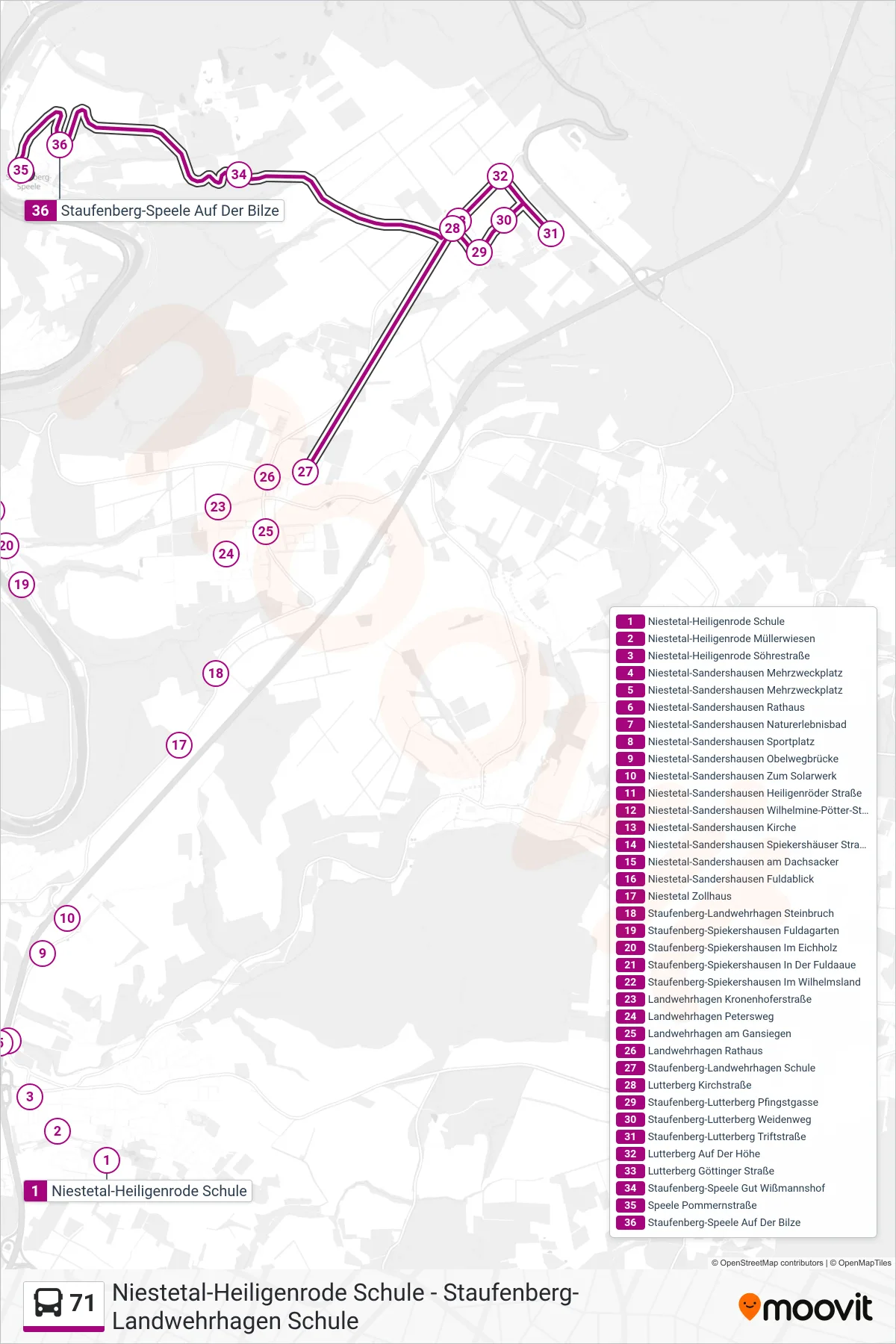 Linie 71 (Bus) Richtung Speele: Route und Haltestellen auf der Karte