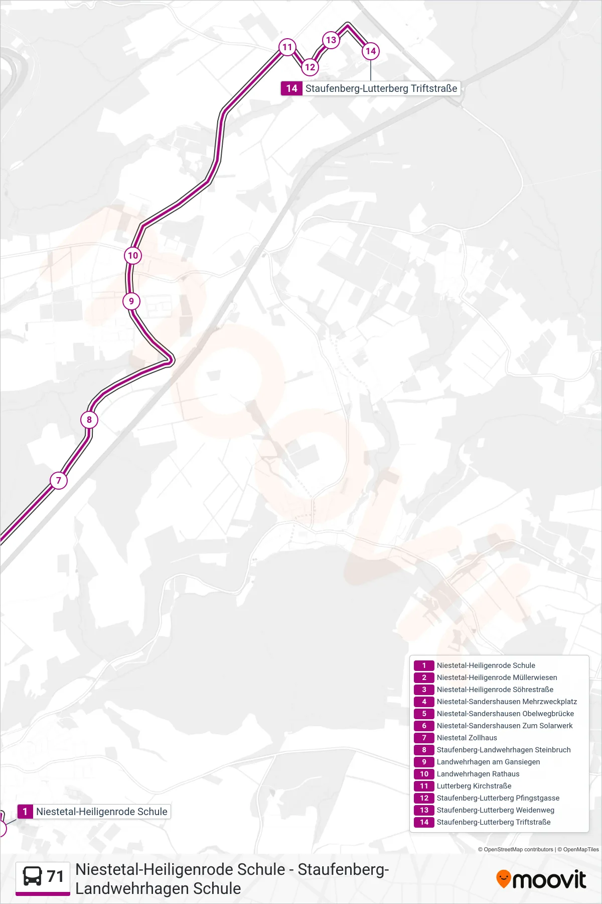 71 bus Line (Lutterberg) route and stops on a map