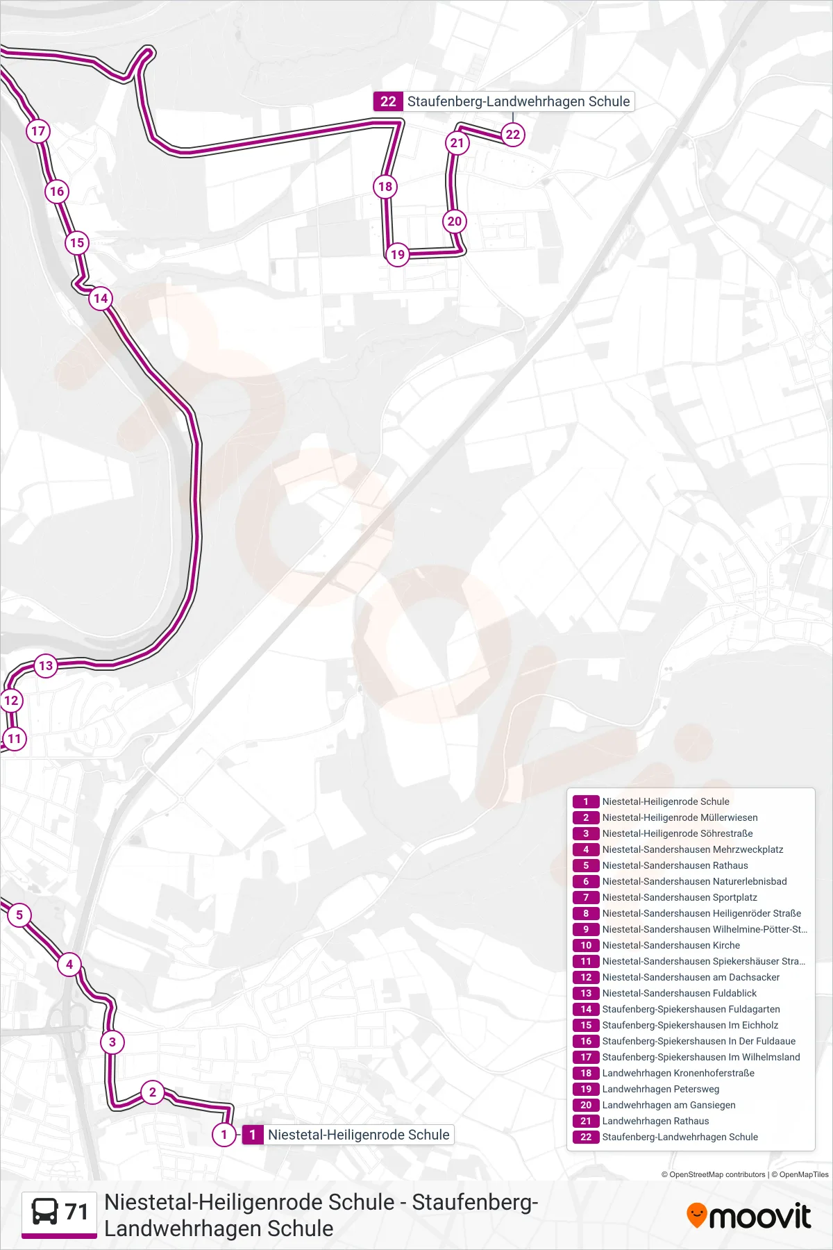 71 bus Line (Staufenberg-Landwehrhagen Schule) route and stops on a map