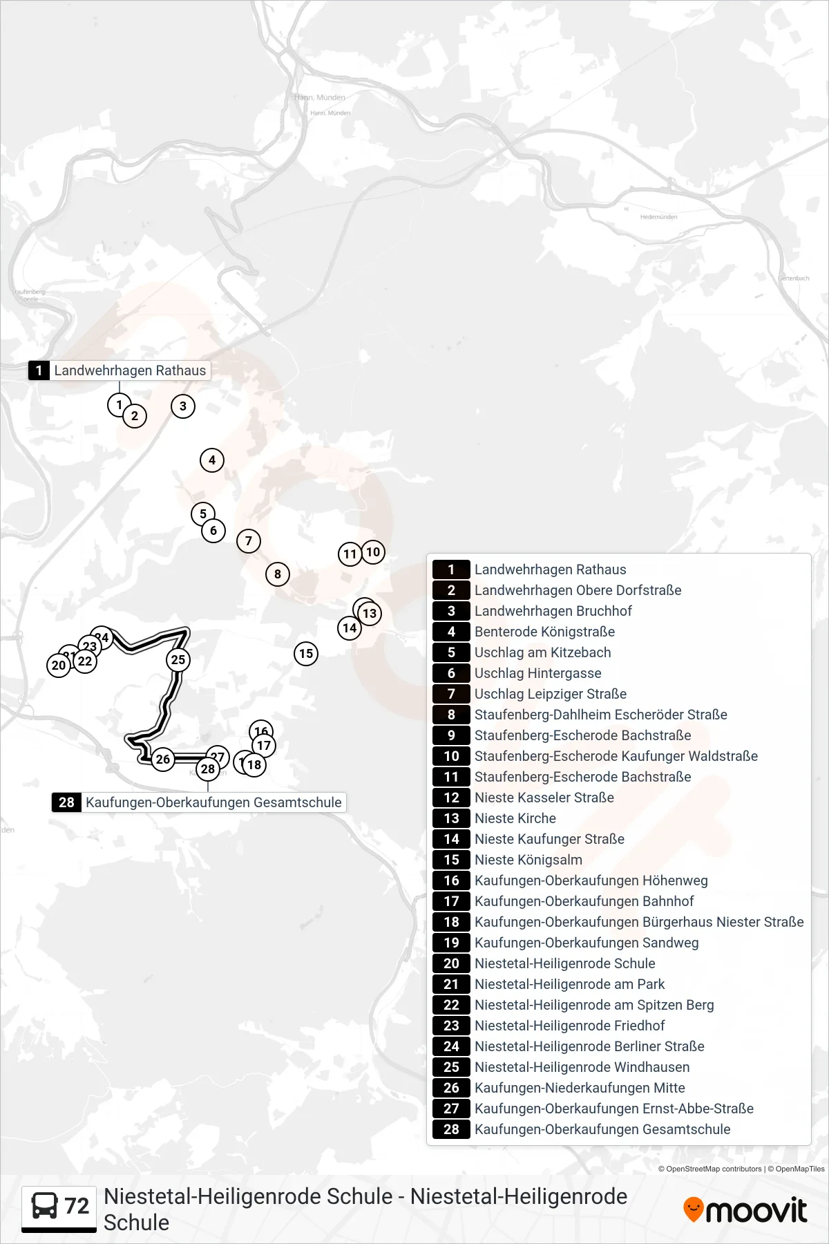 72 bus Line (Kaufungen-Oberkaufungen Gesamtschule) route and stops on a map