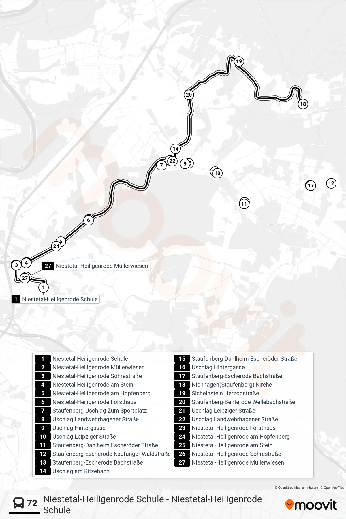 72 bus Line (Niestetal-Heiligenrode Schule) route and stops on a map