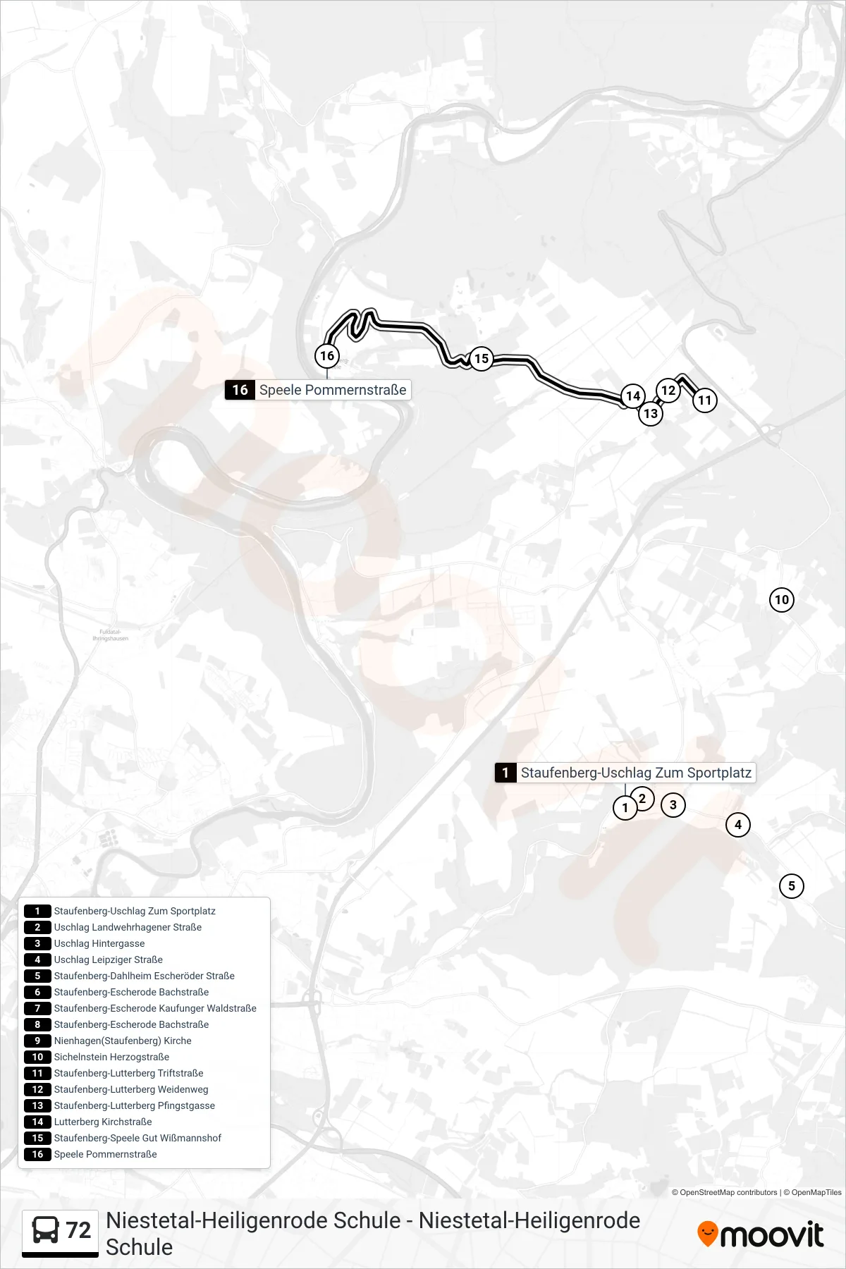 72 bus Line (Speele) route and stops on a map