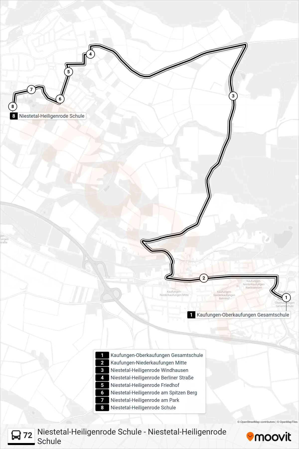 Linie 72 (Bus) Richtung Niestetal-Heiligenrode Schule: Route und Haltestellen auf der Karte