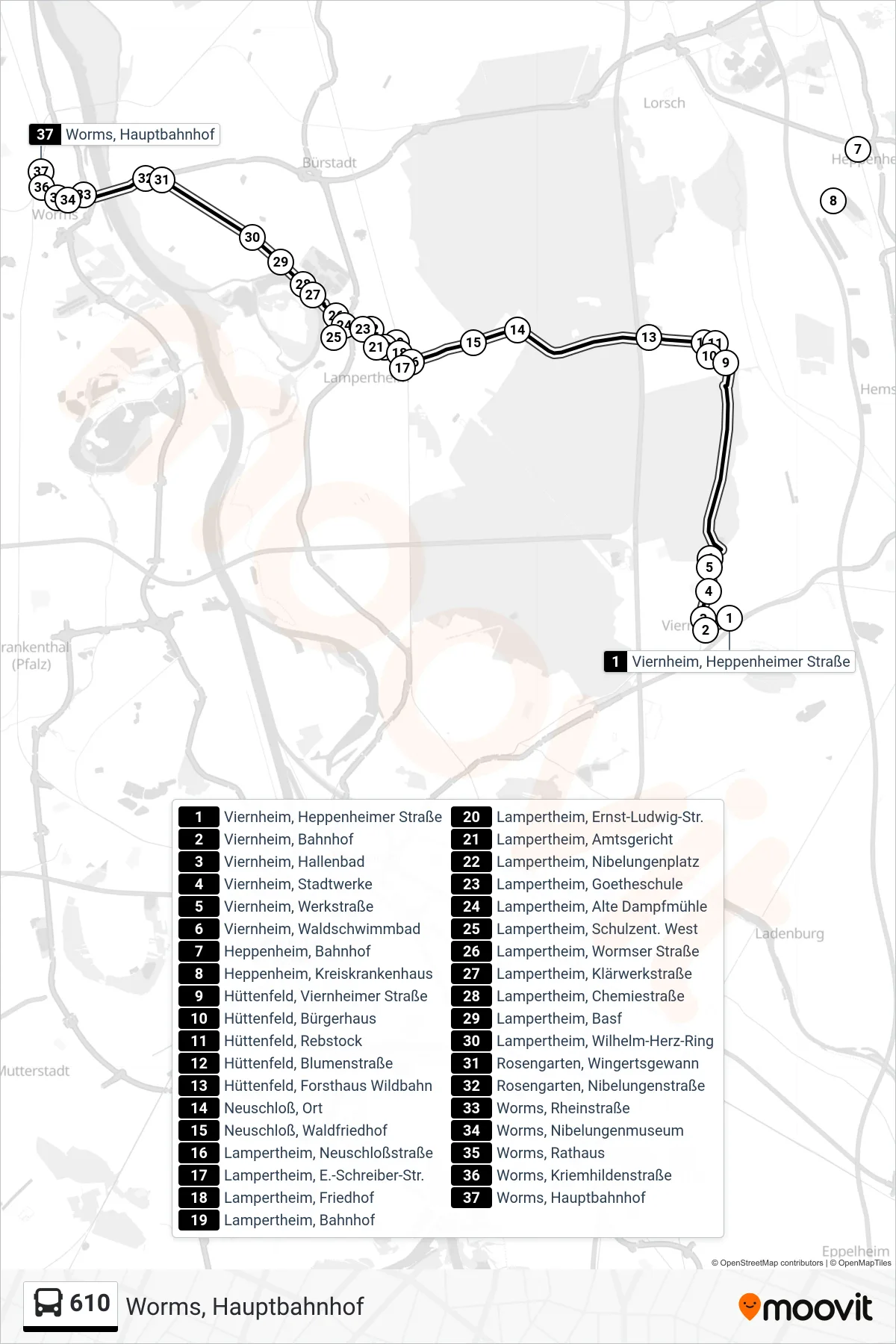 610 bus Line (Worms, Hauptbahnhof) route and stops on a map