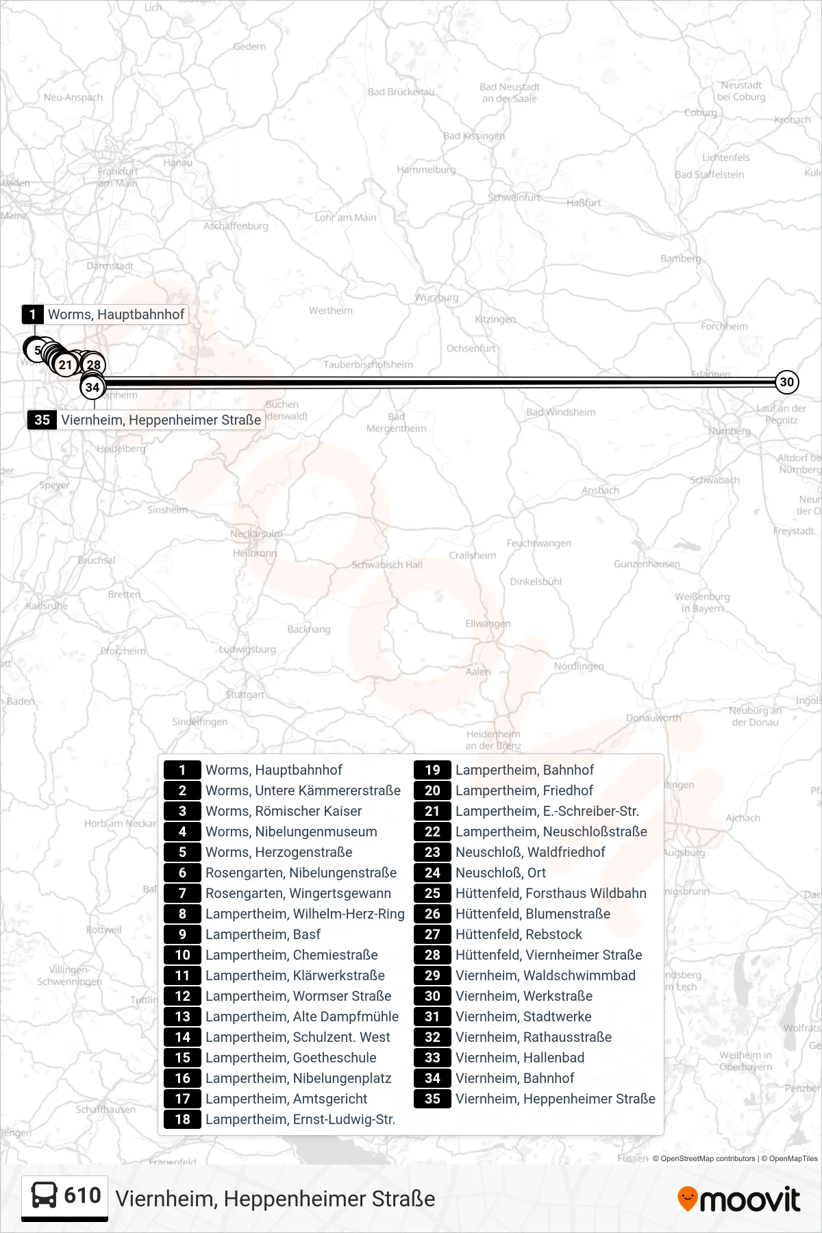 610 bus Line (Viernheim, Heppenheimer Straße) route and stops on a map