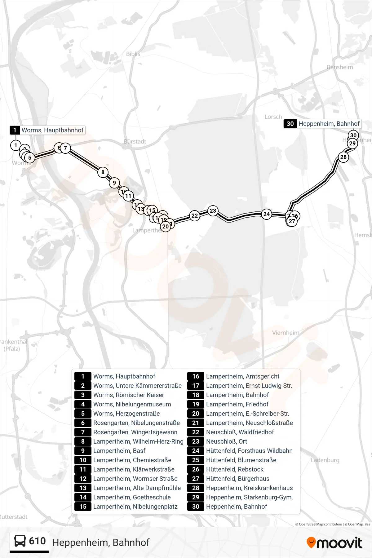 610 bus Line (Heppenheim, Bahnhof) route and stops on a map