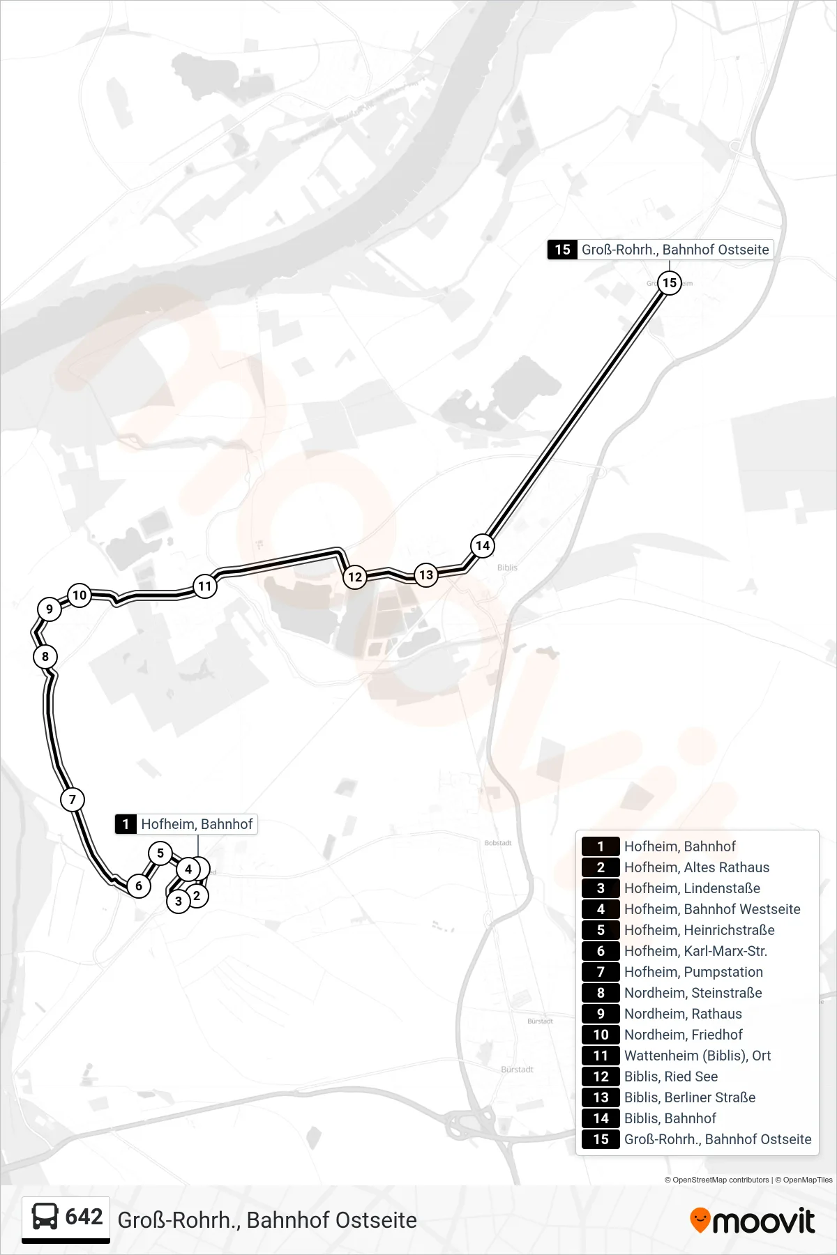 Linie 642 (Bus) Richtung Groß-Rohrh., Bahnhof Ostseite: Route und Haltestellen auf der Karte