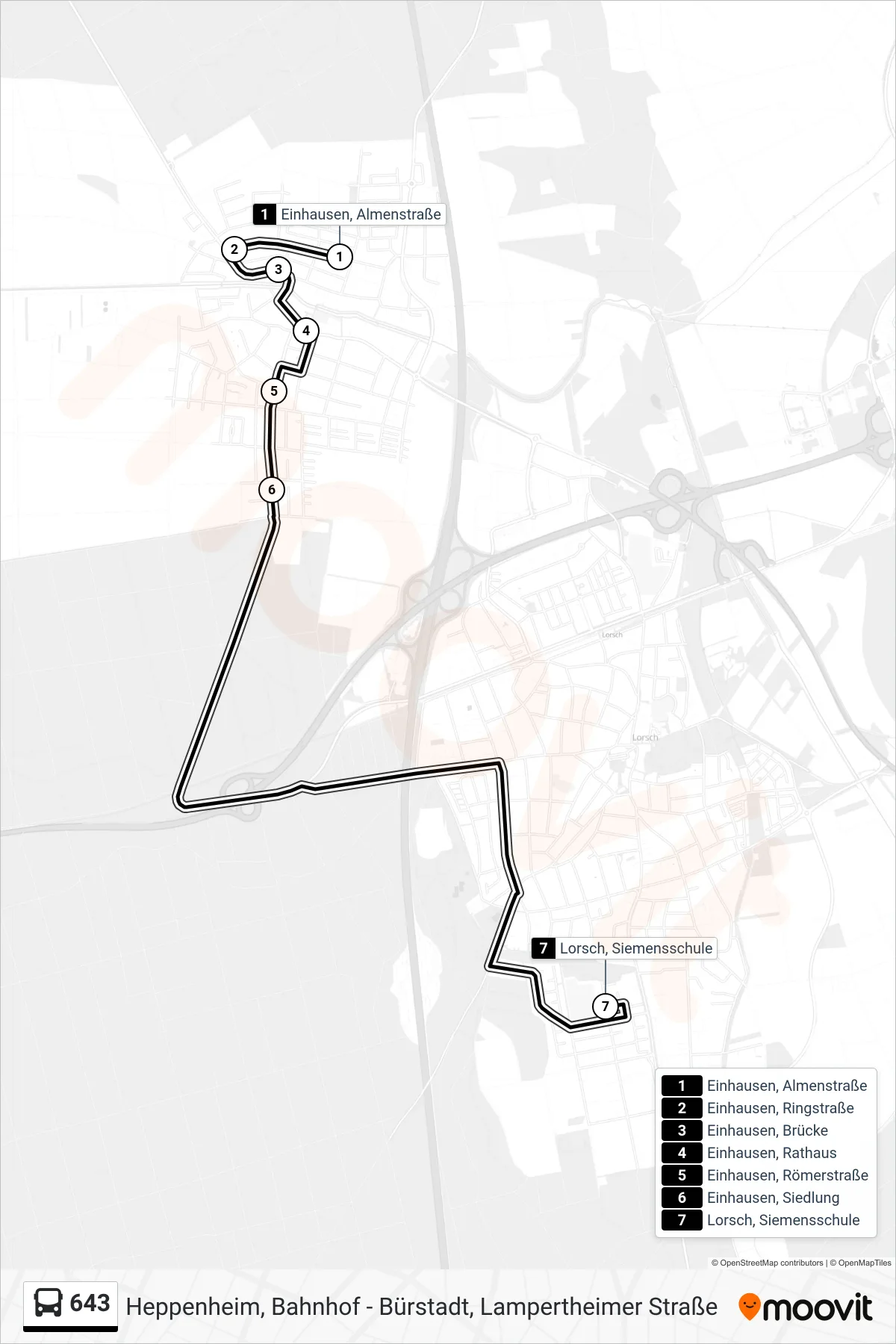 643 bus Line (Lorsch, Siemensschule) route and stops on a map